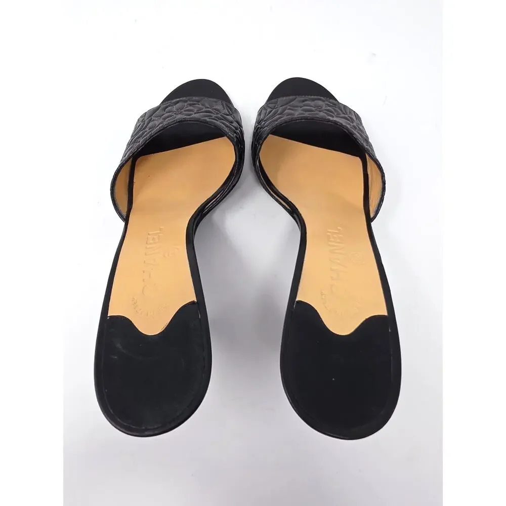 Chanel Vintage Camellia Flower Leather Mules Black Open Toe Heels CC Logo 38.5 8